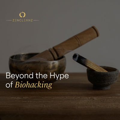 isual of root cause healing practices—natural food, movement, rest, and outdoor connection as alternatives to biohacking and quick fixes